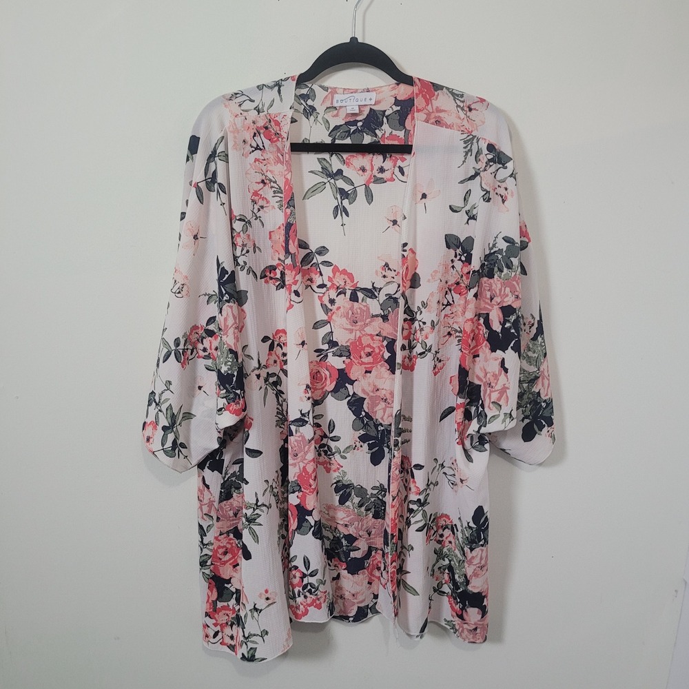 Boutique+ 1X Floral Kimono Women Pink Rose Open Front Lightweight Cardigan Plus